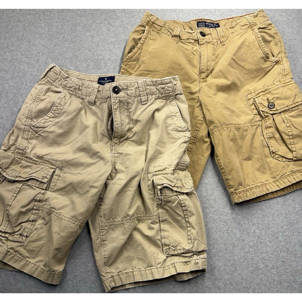 Y2K American Eagle Outfitters Men's Cargo Shorts Khaki Button Pockets Baggy